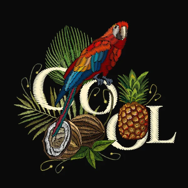 Embroidery parrot, humming bird, palm tree leaves, pineapple