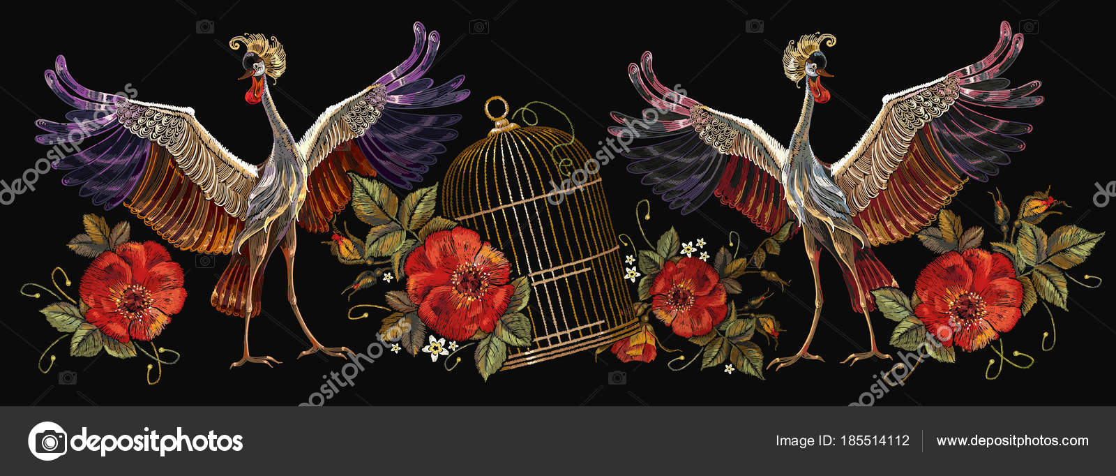 Oiseaux Grue Broderie Cage Dorée Roses Modèle Pour Les