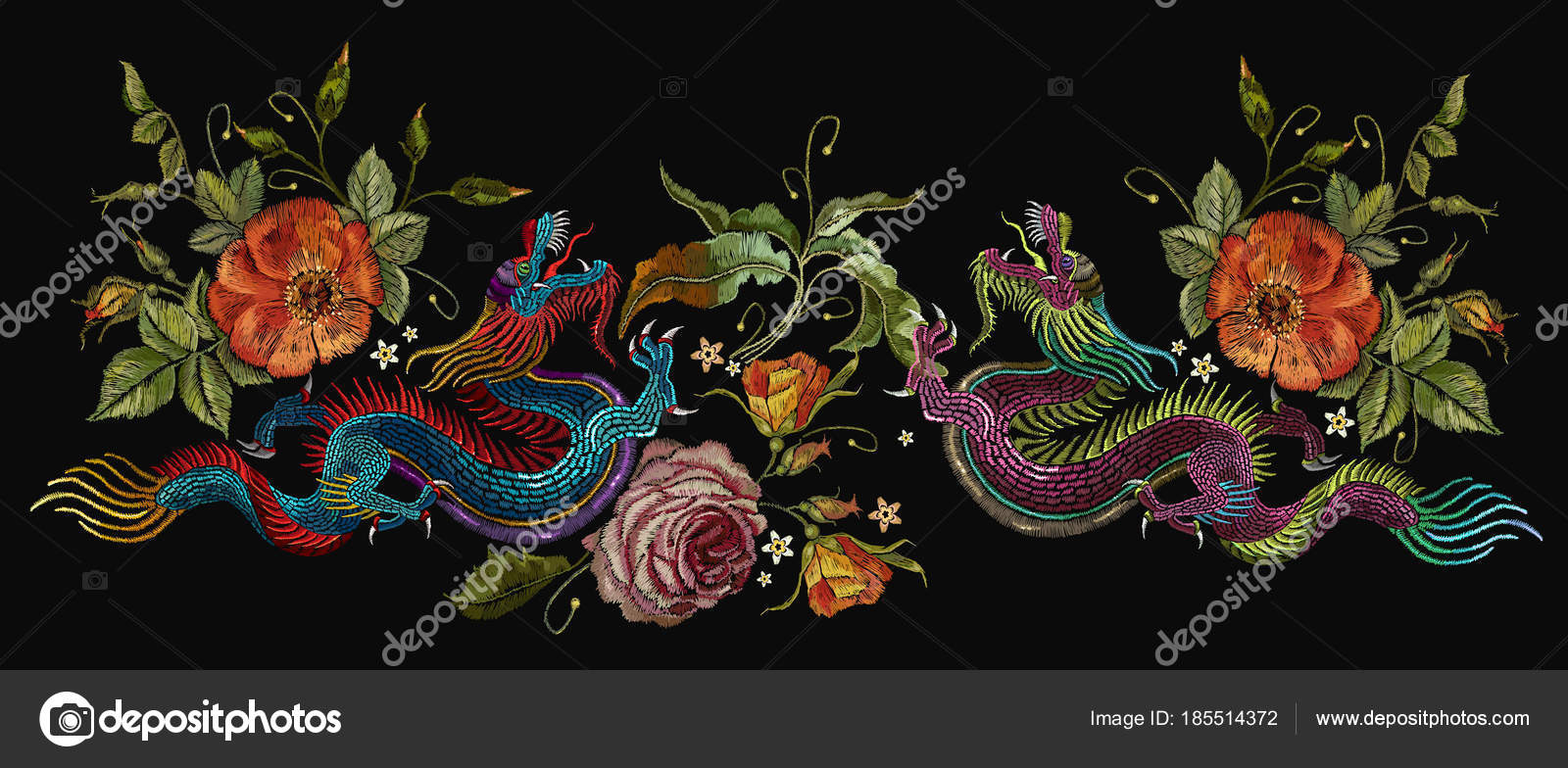 Pictures dragon roses Embroidery two chinese dragons, roses and peonies flowers — Stock