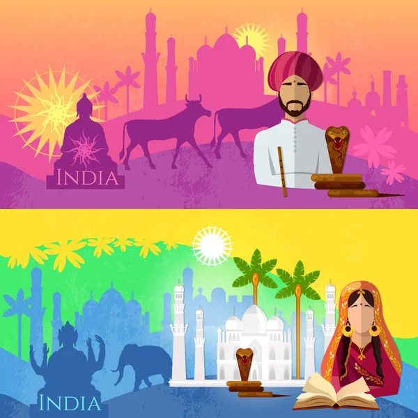 Travel to India banner. Taj mahal, elephants, saris, gods