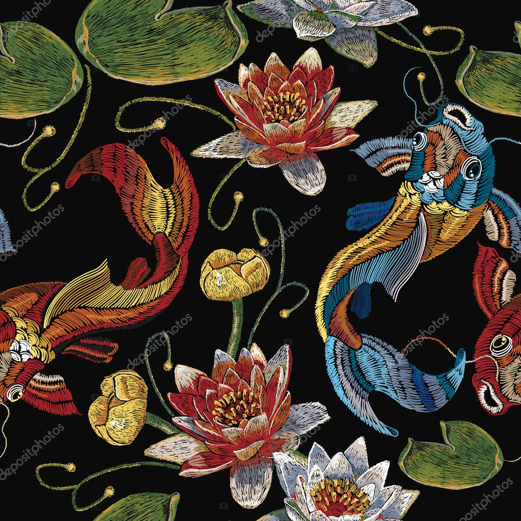 Embroidery koi fish and water lily seamless pattern japanese  stock