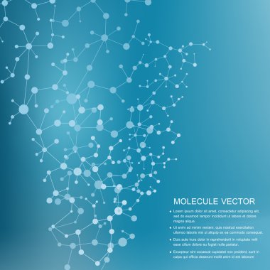 Yapı molekülü ve iletişim DNA, atom, nöronlar. Tasarımın için bilim konsepti. Noktalarla birleştirilmiş çizgiler. Tıp, teknoloji, kimya, bilim geçmişi. Vektör illüstrasyonu.