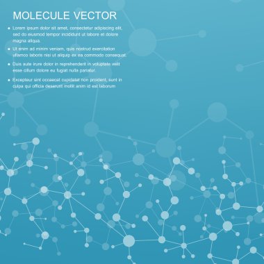 Yapı molekülü ve iletişim DNA, atom, nöronlar. Tasarımın için bilim konsepti. Noktalarla birleştirilmiş çizgiler. Tıp, teknoloji, kimya, bilim geçmişi. Vektör illüstrasyonu.