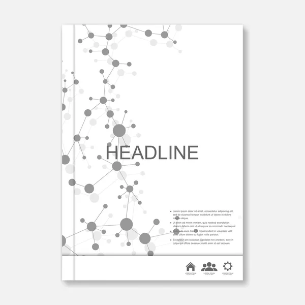 Antecedentes científicos. Plantillas vectoriales modernas para folleto, folleto, revista de portada o informe en tamaño A4. Estructura molecular y comunicación sobre el fondo azul . — Vector de stock