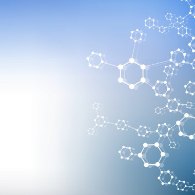 Yapı molekülü ve iletişim DNA, atom, nöronlar. Tasarımın için bilim konsepti. Noktalarla birleştirilmiş çizgiler. Tıp, teknoloji, kimya, bilim geçmişi. Vektör illüstrasyonu.