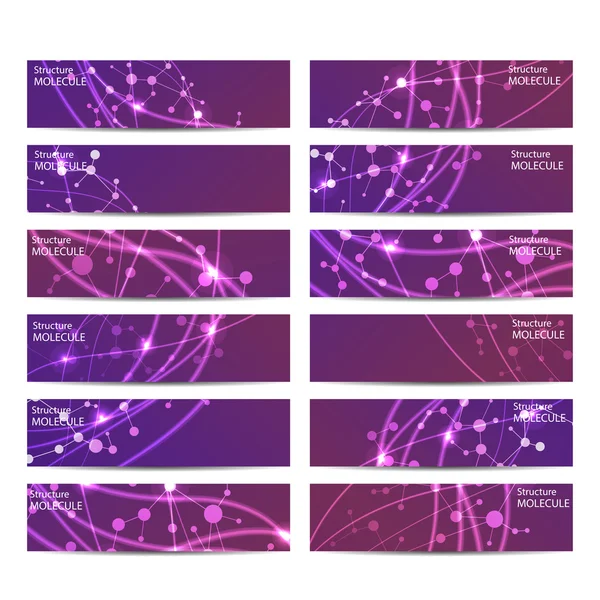 Molécula de banners geométricos abstractos y comunicación. Diseño de ciencia y tecnología, estructura ADN, química, antecedentes médicos, negocios y sitio web — Vector de stock