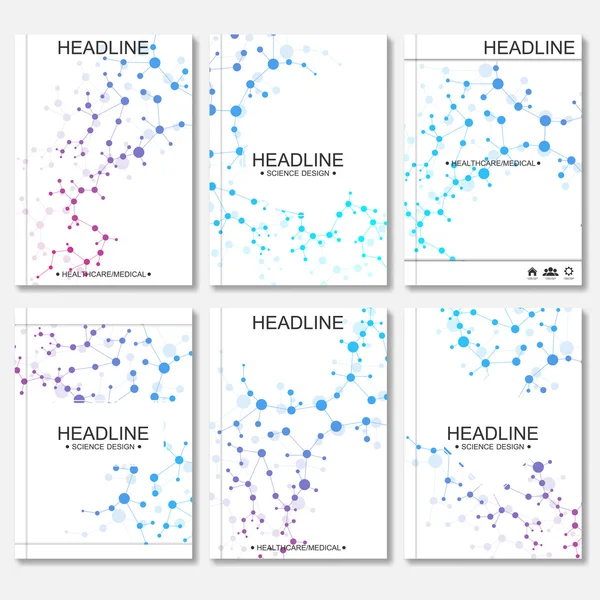 Antecedentes científicos. Plantillas vectoriales modernas para folleto, folleto, revista de portada o informe en tamaño A4. Estructura molecular y comunicación sobre el fondo azul . — Vector de stock