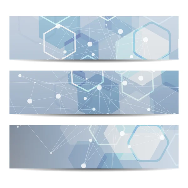 Molécula de banners geométricos abstractos y comunicación. Diseño de ciencia y tecnología, estructura ADN, química, antecedentes médicos, negocios y sitio web — Archivo Imágenes Vectoriales