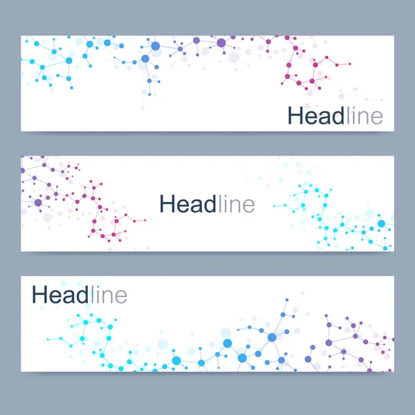 现代向量横幅的科学设置。Dna 分子的结构与连接的线和点。科学向量背景。医疗、 技术，化学设计. — 图库矢量图片