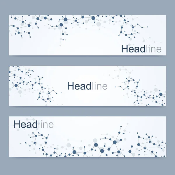 Vědecká sada moderní vektorové bannery. Struktura molekuly DNA s čárami a tečkami. Věda vektorové pozadí. Lékařská, tecnology, chemie design. — Stockový vektor