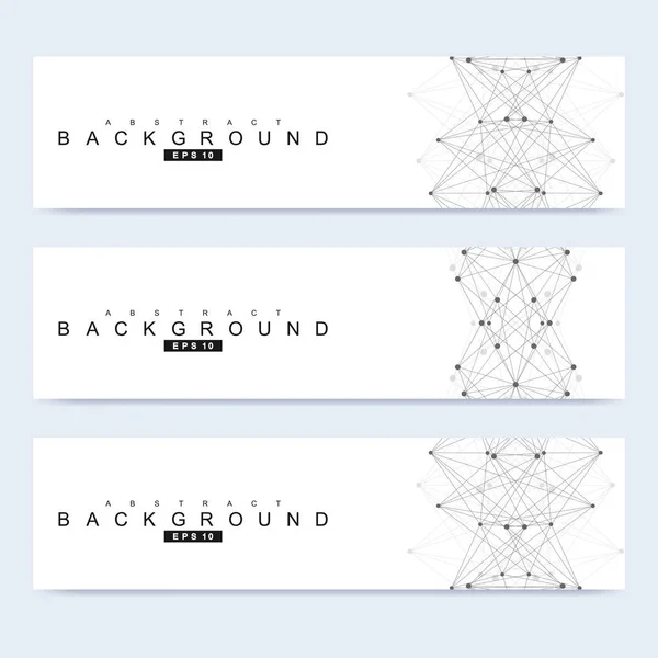 Conjunto científico de banners vectoriales modernos. Estructura de moléculas de ADN con líneas y puntos conectados. Antecedentes científicos. Diseño médico, tecnológico, químico . — Vector de stock