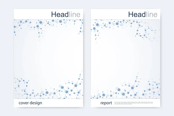 Scientific brochure design template. Vector flyer layout, Molecular structure with connected lines and dots. Scientific pattern atom DNA with elements for magazine, leaflet, cover, poster design.