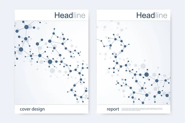 Template voor het ontwerpen van wetenschappelijke brochures. Vector flyer lay-out, Moleculaire structuur met verbonden lijnen en stippen. Wetenschappelijk patroon atoom DNA met elementen voor tijdschrift, folder, omslag, affiche ontwerp. — Stockvector
