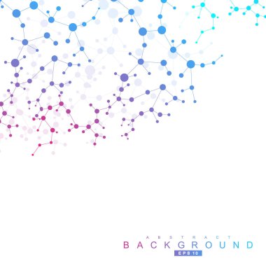 Yapı molekülü ve iletişim. DNA, atom, nöronlar. Tasarımınız için bilimsel bir kavram. Noktalarla birleştirilmiş çizgiler. Tıp, teknoloji, kimya, bilim geçmişi. Vektör illüstrasyonu.