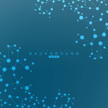 Yapı molekülü ve iletişim. DNA, atom, nöronlar. Tasarımınız için bilimsel bir kavram. Noktalarla birleştirilmiş çizgiler. Tıp, teknoloji, kimya, bilim geçmişi. Vektör illüstrasyonu.