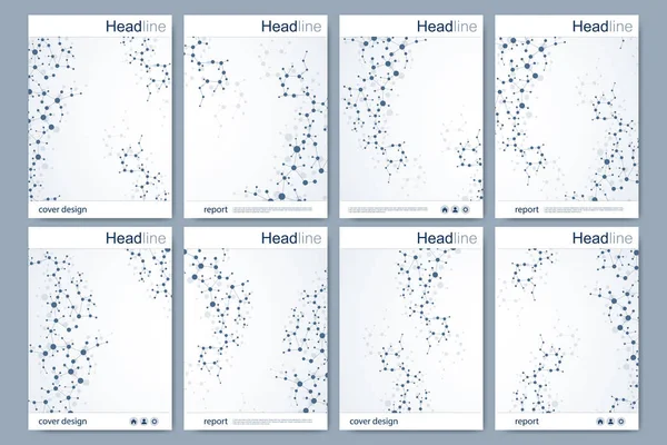Modelo de design de brochura científica. Layout de folheto vetorial, estrutura molecular com linhas conectadas e pontos. DNA de átomo de padrão científico com elementos para revista, folheto, capa, design de cartaz. — Vetor de Stock