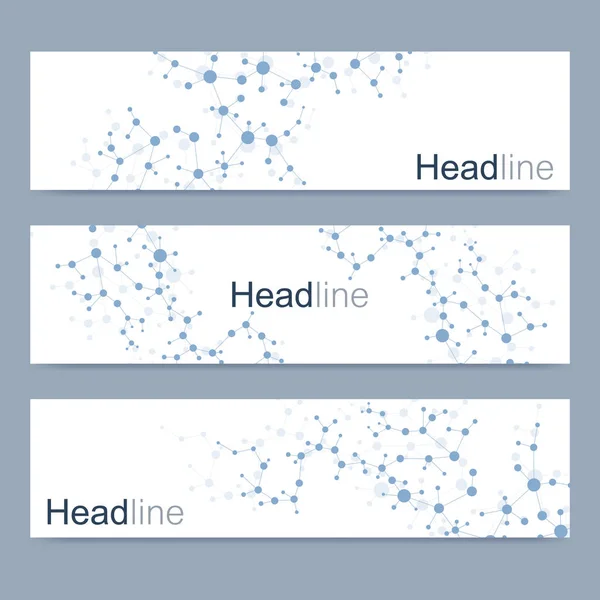 Wissenschaftlicher Satz moderner Vektorbanner. dna Molekülstruktur mit verbundenen Linien und Punkten. Wissenschaft Vektor Hintergrund. Medizin, Technik, Chemie-Design. — Stockvektor