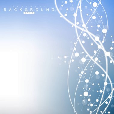 Yapı molekülü ve iletişim. DNA, atom, nöronlar. Tasarımınız için bilimsel bir kavram. Noktalarla birleştirilmiş çizgiler. Tıp, teknoloji, kimya, bilim geçmişi. Vektör illüstrasyonu.