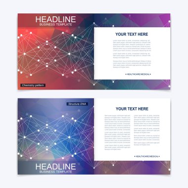 Kare broşür için şablonlar. Broşür kapak sunu. İş, bilim, teknoloji tasarım kitap düzeni. Bilimsel molekül arka plan