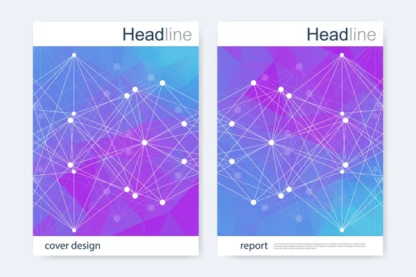 Szablon projektu broszury naukowej. Układ ulotki wektorowej, struktura molekularna z połączonymi liniami i kropkami. Wzór naukowy DNA atomu z elementami do magazynu, ulotki, okładki, projekt plakatu. — Wektor stockowy