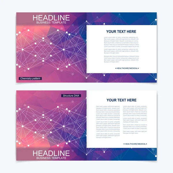 Kare broşür için şablonlar. Broşür kapak sunu. İş, bilim, teknoloji tasarım kitap düzeni. Bilimsel molekül arka plan