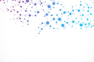 Yapı molekülü ve iletişim. DNA, atom, nöronlar. Tasarımınız için bilimsel bir kavram. Noktalarla birleştirilmiş çizgiler. Tıp, teknoloji, kimya, bilim geçmişi. Vektör illüstrasyonu.