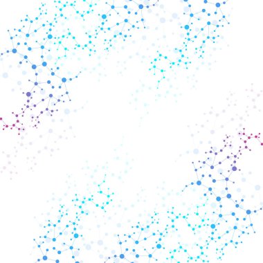 Yapı molekülü ve iletişim. DNA, atom, nöronlar. Tasarımınız için bilimsel bir kavram. Noktalarla birleştirilmiş çizgiler. Tıp, teknoloji, kimya, bilim geçmişi. Vektör illüstrasyonu.