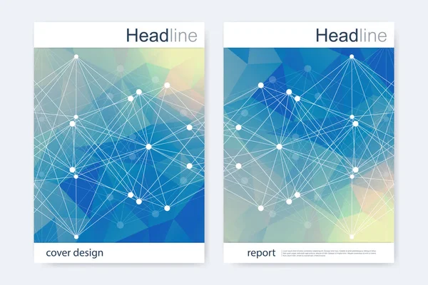 Szablon projektu broszury naukowej. Układ ulotki wektorowej, struktura molekularna z połączonymi liniami i kropkami. Wzór naukowy DNA atomu z elementami do magazynu, ulotki, okładki, projekt plakatu. — Wektor stockowy