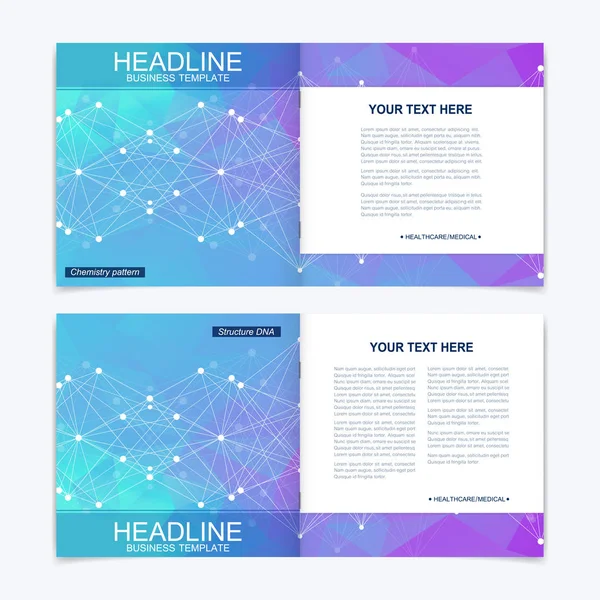 Kare broşür için şablonlar. Broşür kapak sunu. İş, bilim, teknoloji tasarım kitap düzeni. Bilimsel molekül arka plan