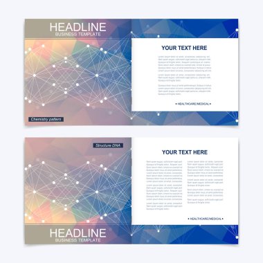Kare broşür için şablonlar. Broşür kapak sunu. İş, bilim, teknoloji tasarım kitap düzeni. Bilimsel molekül arka plan