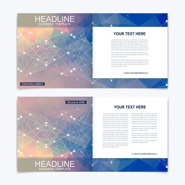 Kare broşür için şablonlar. Broşür kapak sunu. İş, bilim, teknoloji tasarım kitap düzeni. Bilimsel molekül arka plan