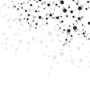 Yapı molekülü ve iletişim. DNA, atom, nöronlar. Tasarımınız için bilimsel bir kavram. Noktalarla birleştirilmiş çizgiler. Tıp, teknoloji, kimya, bilim geçmişi. Vektör illüstrasyonu.