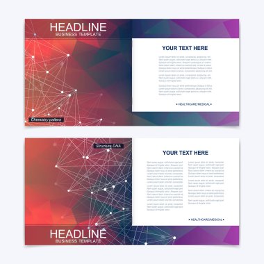 Kare broşür için şablonlar. Broşür kapak sunu. İş, bilim, teknoloji tasarım kitap düzeni. Bilimsel molekül arka plan