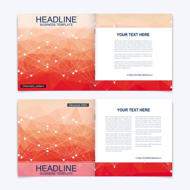 Kare broşür için şablonlar. Broşür kapak sunu. İş, bilim, teknoloji tasarım kitap düzeni. Bilimsel molekül arka plan