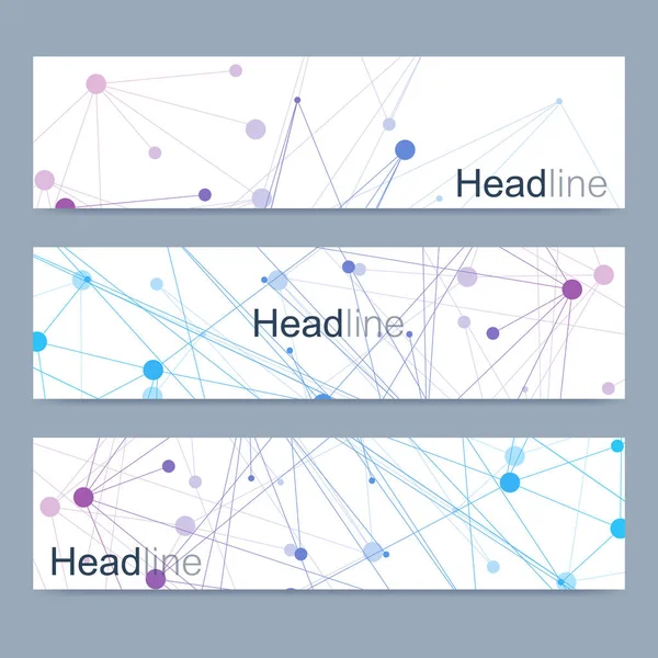 现代向量横幅的科学设置。Dna 分子的结构与连接的线和点。科学向量背景。医疗、 技术，化学设计. — 图库矢量图片