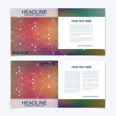 Kare broşür için şablonlar. Broşür kapak sunu. İş, bilim, teknoloji tasarım kitap düzeni. Bilimsel molekül arka plan