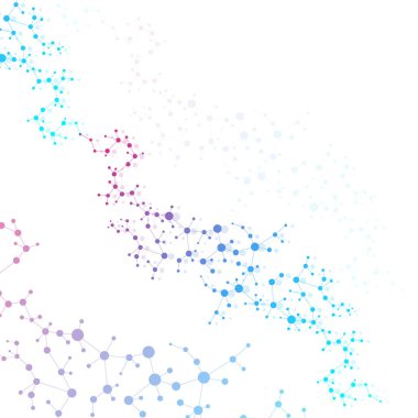 Yapı molekülü ve iletişim. DNA, atom, nöronlar. Tasarımınız için bilimsel bir kavram. Noktalarla birleştirilmiş çizgiler. Tıp, teknoloji, kimya, bilim geçmişi. Vektör illüstrasyonu.