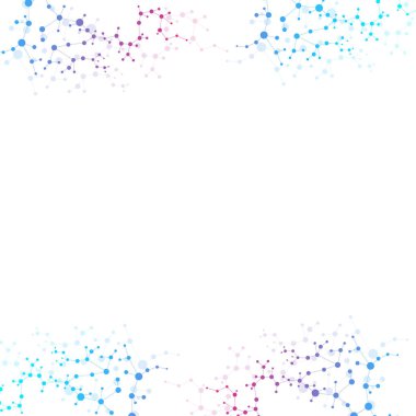 Yapı molekülü ve iletişim. DNA, atom, nöronlar. Tasarımınız için bilimsel bir kavram. Noktalarla birleştirilmiş çizgiler. Tıp, teknoloji, kimya, bilim geçmişi. Vektör illüstrasyonu.