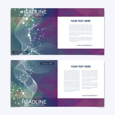 Kare broşür için şablonlar. Broşür kapak sunu. İş, bilim, teknoloji tasarım kitap düzeni. Bilimsel molekül arka plan