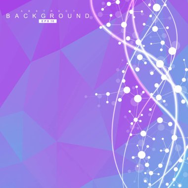 Yapı molekülü ve iletişim. DNA, atom, nöronlar. Tasarımınız için bilimsel bir kavram. Noktalarla birleştirilmiş çizgiler. Tıp, teknoloji, kimya, bilim geçmişi. Vektör illüstrasyonu.