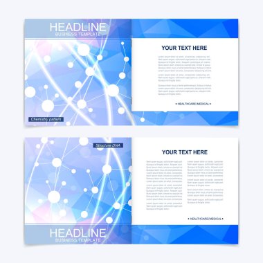 Kare broşür için şablonlar. Broşür kapak sunu. İş, bilim, teknoloji tasarım kitap düzeni. Bilimsel molekül arka plan