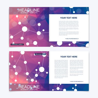 Kare broşür için şablonlar. Broşür kapak sunu. İş, bilim, teknoloji tasarım kitap düzeni. Bilimsel molekül arka plan