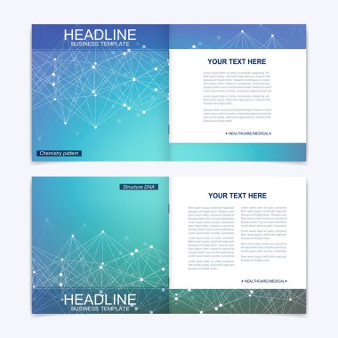 Kare broşür için şablonlar. Broşür kapak sunu. İş, bilim, teknoloji tasarım kitap düzeni. Bilimsel molekül arka plan