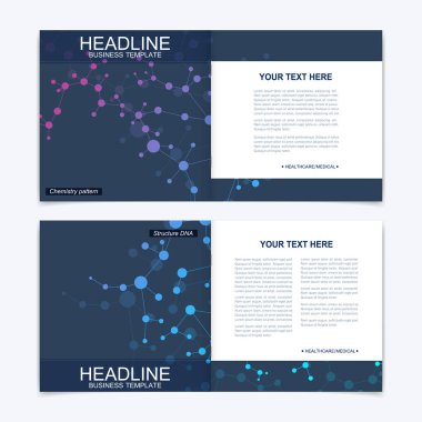 Kare broşür için şablonlar. Broşür kapak sunu. İş, bilim, teknoloji tasarım kitap düzeni. Bilimsel molekül arka plan