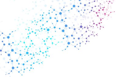 Yapı molekülü ve iletişim. DNA, atom, nöronlar. Tasarımınız için bilimsel bir kavram. Noktalarla birleştirilmiş çizgiler. Tıp, teknoloji, kimya, bilim geçmişi. Vektör illüstrasyonu.