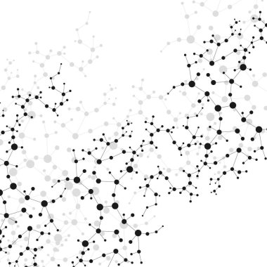 Yapı molekülü ve iletişim. DNA, atom, nöronlar. Tasarımınız için bilimsel bir kavram. Noktalarla birleştirilmiş çizgiler. Tıp, teknoloji, kimya, bilim geçmişi. Vektör illüstrasyonu.