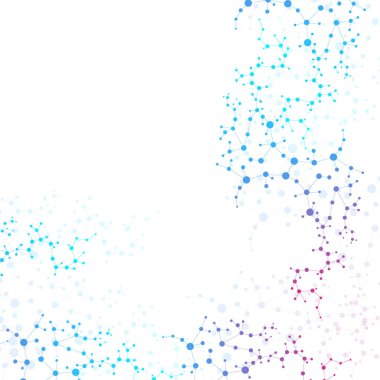 Yapı molekülü ve iletişim. DNA, atom, nöronlar. Tasarımınız için bilimsel bir kavram. Noktalarla birleştirilmiş çizgiler. Tıp, teknoloji, kimya, bilim geçmişi. Vektör illüstrasyonu.
