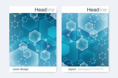 Bilimsel broşür tasarım şablonu. Vektör broşürü düzeni, birbirine bağlı çizgiler ve noktalarla moleküler yapı. Dergi, broşür, kapak, poster tasarımı için elementleri olan bilimsel desenli atom DNA 'sı.