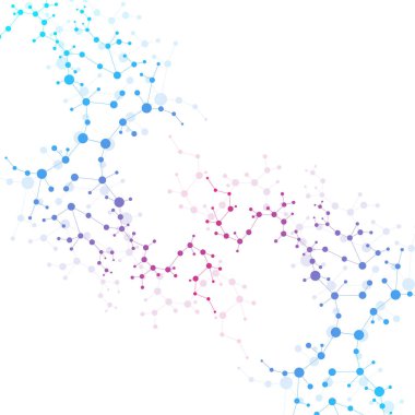 Yapı molekülü ve iletişim. DNA, atom, nöronlar. Tasarımınız için bilimsel bir kavram. Noktalarla birleştirilmiş çizgiler. Tıp, teknoloji, kimya, bilim geçmişi. Vektör illüstrasyonu.