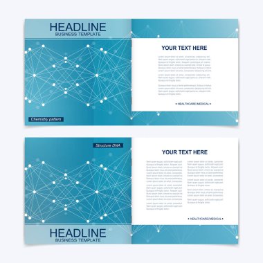 Kare broşür için şablonlar. Broşür kapak sunu. İş, bilim, teknoloji tasarım kitap düzeni. Bilimsel molekül arka plan